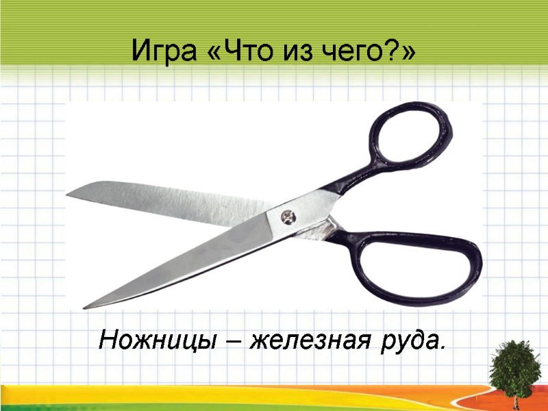 Игра «Что из чего?» Ножницы – железная руда.
